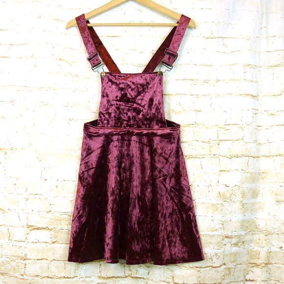 Hot Topic Crushed Velvet Jumper Overall Dress Women S Burgundy Skirtall Pinafore - Picture 3 of 14